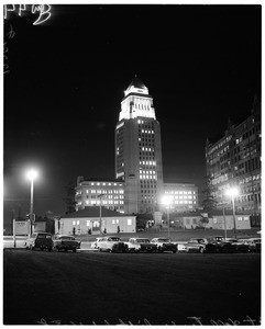 City Hall tower lighted, 1958