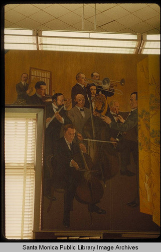 Stanton Macdonald Wright murals in the Santa Monica Public Library (503 Santa Monica Blvd.) installed August 25, 1935 : group of musicians : Samuel Lifschey on viola, Norris Tivin on double-bass, George Barrere on flute, Ugo Savolini on bassoon, Van der Elst on trombone, Carl Heinrich on trumpet, Josef Franzl on French horn, Karl Muck of the Boston Symphony orchestra, conducting