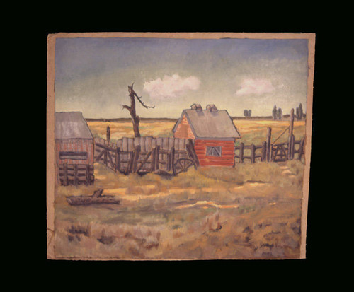 Painting of red barn and fence