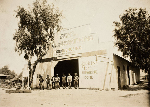 The Gen'l Blacksmithing Shop located on the northwest corner of San Gorgonio Avenue and Ramsey Street in Banning, California