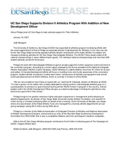 UC San Diego Supports Division II Athletics Program With Addition of New Development Officer--Diana Philippi joins UC San Diego to help cultivate support for Triton Athletics