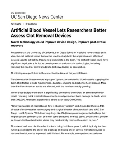 Artificial Blood Vessel Lets Researchers Better Assess Clot Removal Devices