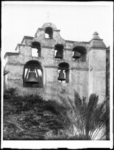 Bell tower of Mission San Gabriel from the front, 1900