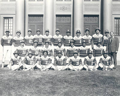 Panthers Baseball team in front of Memorial Hall, Chapman College, Orange, California