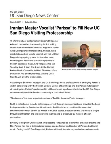 Iranian Master Vocalist ‘Parissa’ to Fill New UC San Diego Visiting Professorship
