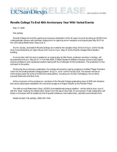 Revelle College To End 40th Anniversary Year With Varied Events