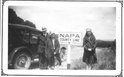 Ed Smith and Carrie B. Smith Meeker (Ed's sister) and Rhoda K. Smith, April, 1930 at Napa Co. line sign