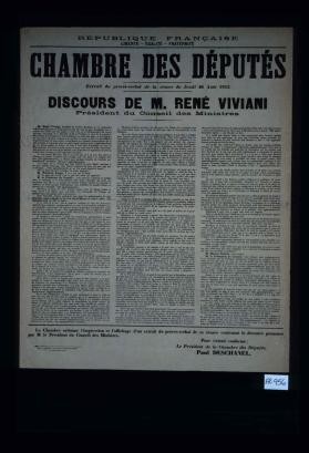 Chambre des Deputes extrait du proces-verbal de la seance du Jeudi 26 Aout 1915. Discours de M. Rene Viviani, President du Conseil des Ministres