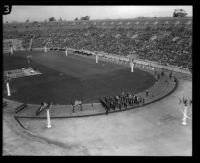 Marching units in Shriners' parade, Los Angeles Memorial Coliseum, Los Angeles, 1925