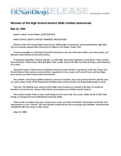 Winners of the High School Honors Math Contest announced