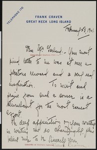 Frank Craven, letter, 1921-02-28, to Hamlin Garland