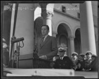 Aircraft industrialist Donald W. Douglas speaks at City Hall on Navy Day, Los Angeles, 1935