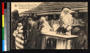 Missionary sister weighing infant on a scale, Congo, ca.1920-1940