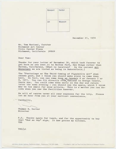 Letter to Tom Marioni from Thomas H. Garver, Director, Newport Harbor Art Museum