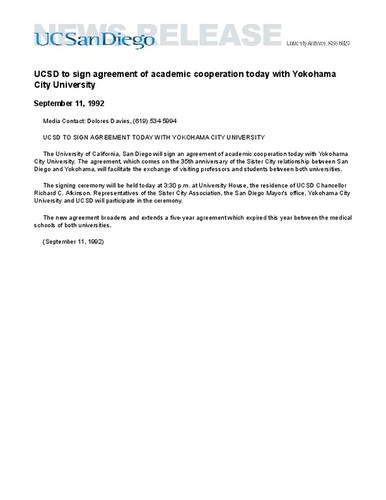 UCSD to sign agreement of academic cooperation today with Yokohama City University