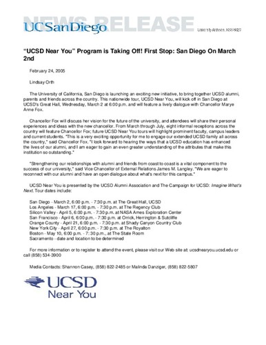 “UCSD Near You” Program is Taking Off! First Stop: San Diego On March 2nd