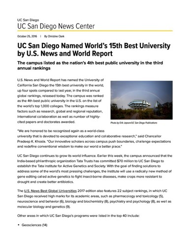 UC San Diego Named World’s 15th Best University by U.S. News and World Report