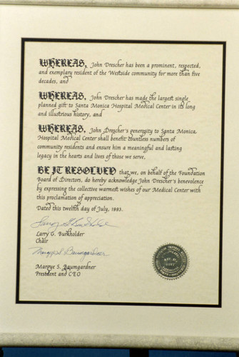 Photograph of the Scroll of Recognition of John Drescher from the Medical Center Foundation and Board of Directors