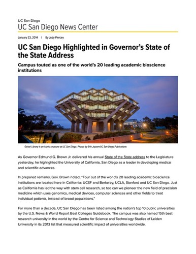 UC San Diego Highlighted in Governor’s State of the State Address