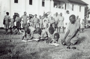 Young pupils and school, in Cameroon