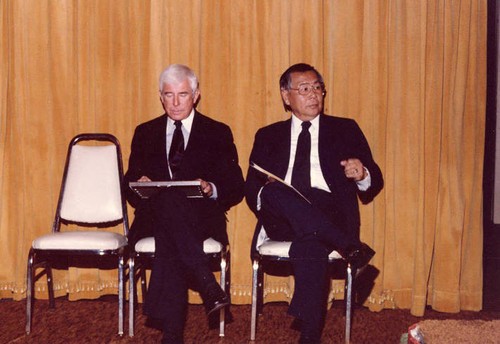 Chinese Committee to Conserve Chinese Culture (CCCC)meeting at the Ambassador Hotel, Los Angeles. Wilbur Woo is sitting next to another gentleman