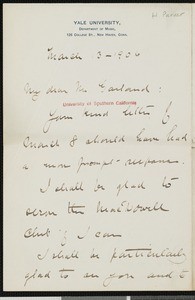 Horatio Parker, letter, 1906-03-13, to Hamlin Garland
