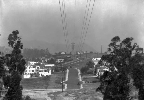 Power lines in built-up residential area