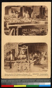 Young men working in a carpentry shop, Kisantu, Congo, ca.1920-1940
