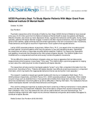 UCSD Psychiatry Dept. To Study Bipolar Patients With Major Grant From National Institute Of Mental Health