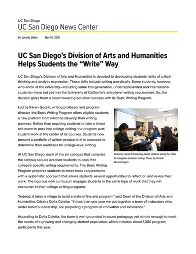 UC San Diego’s Division of Arts and Humanities Helps Students the “Write” Way