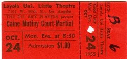 Del Rey Players admission ticket for The Caine Mutiny Court-Martial, October 24, 1955