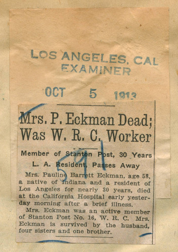 Mrs. P. Eckman dead, was W. R. C. worker