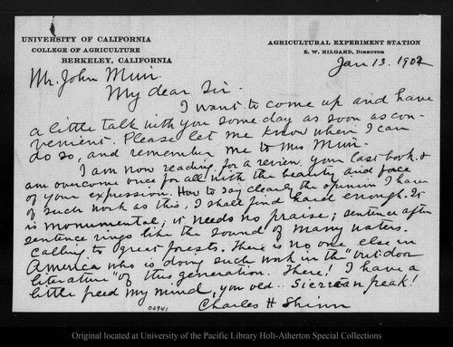 Letter from Charles H. Shinn to John Muir, 1902 Jan 13