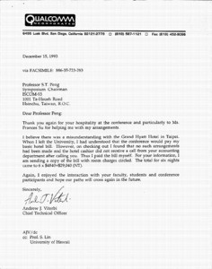 Letter, Deborah Casher to Hung H. Lu, November 29, 1993