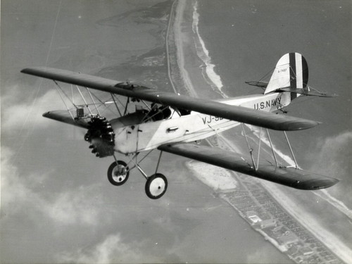 Aerial view of NY-1 conducting aerographic flight over Silver Strand, 1928