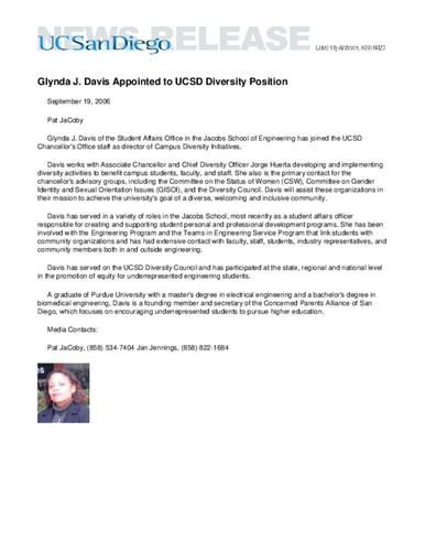 Glynda J. Davis Appointed to UCSD Diversity Position