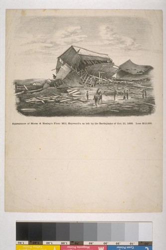 Appearance of Morse & Heslep's Flour Mill, Hayward's, as left by the Earthquake of Oct. 21, 1868. Loss $12,000