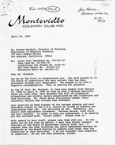 Montevideo Country Club, Inc. response to Mr. Norman Murdoch