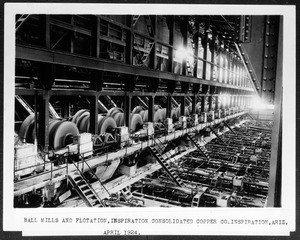 "Ball mills and floatation" at the Inspiration Cosolidated Copper Company, showing industrial machines, Arizona, 1924