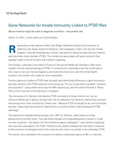 Gene Networks for Innate Immunity Linked to PTSD Risk