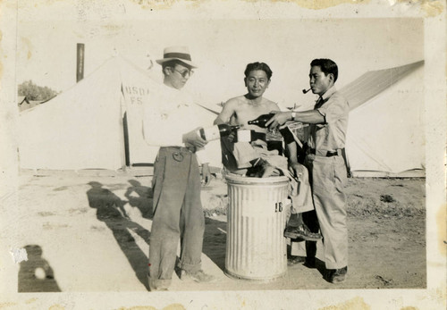 George N. Naohara, Tadashi Sakaida, and Kenneth Kenji Kuwahara at Civilian Conservation Corps mobile camps, Rupert, Idaho