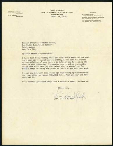 Ellis A. Yost letter to Schumann-Heink, 1928 September 17