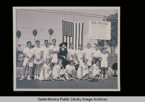 Helen Wills-Moody, famous 1930s tennis star, with players at the Tennis Open Tournament, August 27, 1949