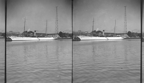 The Mayflower Boat Docked at Navy Yard, Wash., D.C. Length 320 ft., Width 40 ft., Reciprocating Steam Engine. Triple Expansion Oil Burner, Speed 14 Knots, Draught 191/2 ft., Displacement 3020 Tons - Carries 4-3 Pounder Saluting Guns - A Crew of 196 and 9 Officers. Built in 1897 in Europe by Private Man for Private use after War with Spain, bought by U.S. for the President of U.S