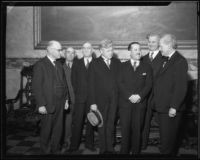 Baja California governor Jose Maria Tapia, California governor C.C. Young, and five other men, [Los Angeles?], 1930