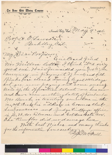 Letter to A.C. Lawson from the Home Gold Mining Company, Nevada City, Ca: May 9, 1906