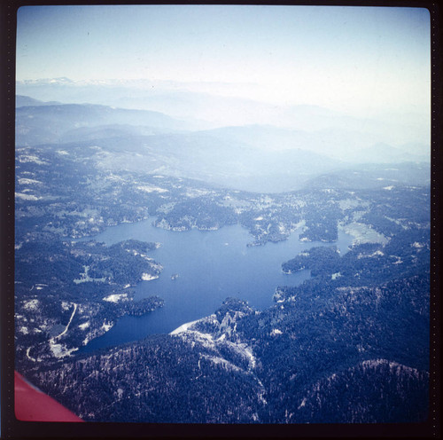 Shaver Lake aerial photo showing entire lake and dam