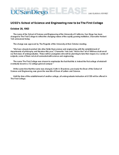 UCSD's School of Science and Engineering now to be The First College