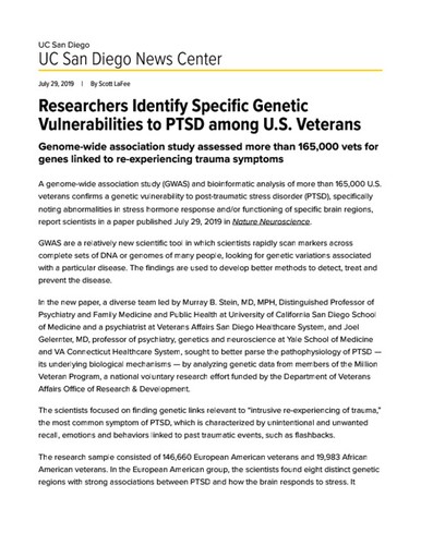 Researchers Identify Specific Genetic Vulnerabilities to PTSD among U.S. Veterans