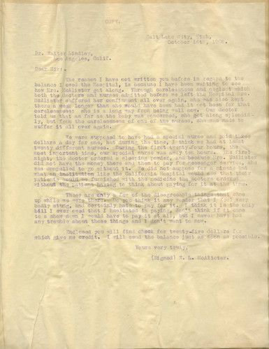 Letter from W. L. McAlister to Walter Lindley